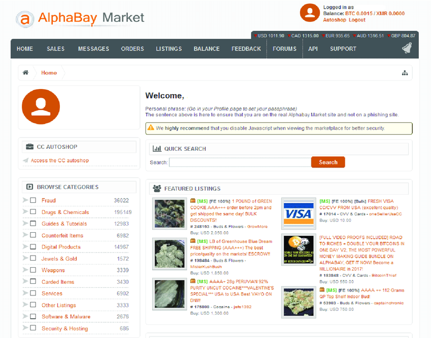 Screenshot of the homepage for the Alphabay cryptomarket