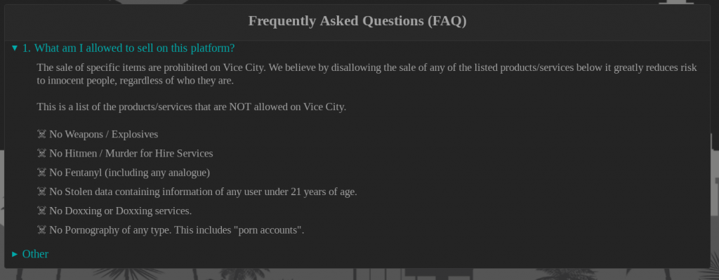 What vendors not allowed to sell on Vice City Darknet Market