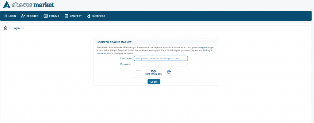 Abacus market login page