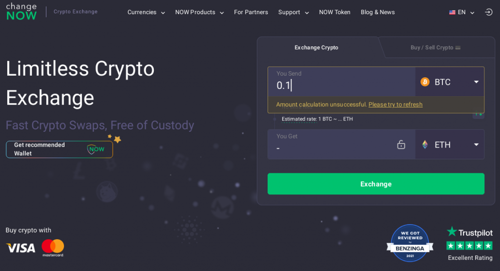 changenow crypto exchange homepage