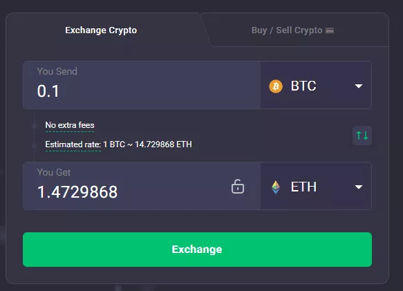 changenow crypto exchange exchange screen