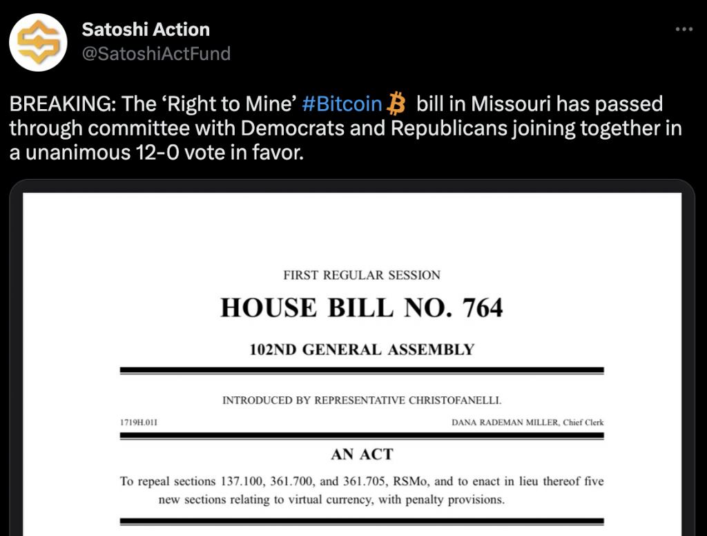Satoshi Action Fund Tweet On Missouri Right To Mine