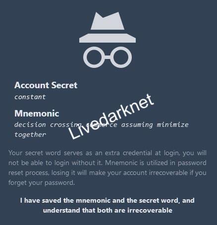 incognito market account secret code for recovery