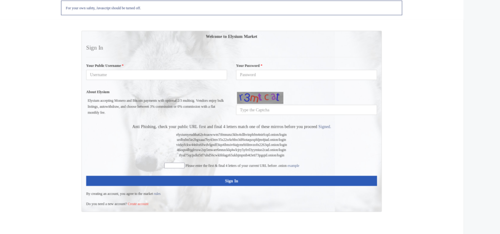 Elysium Market Login Page